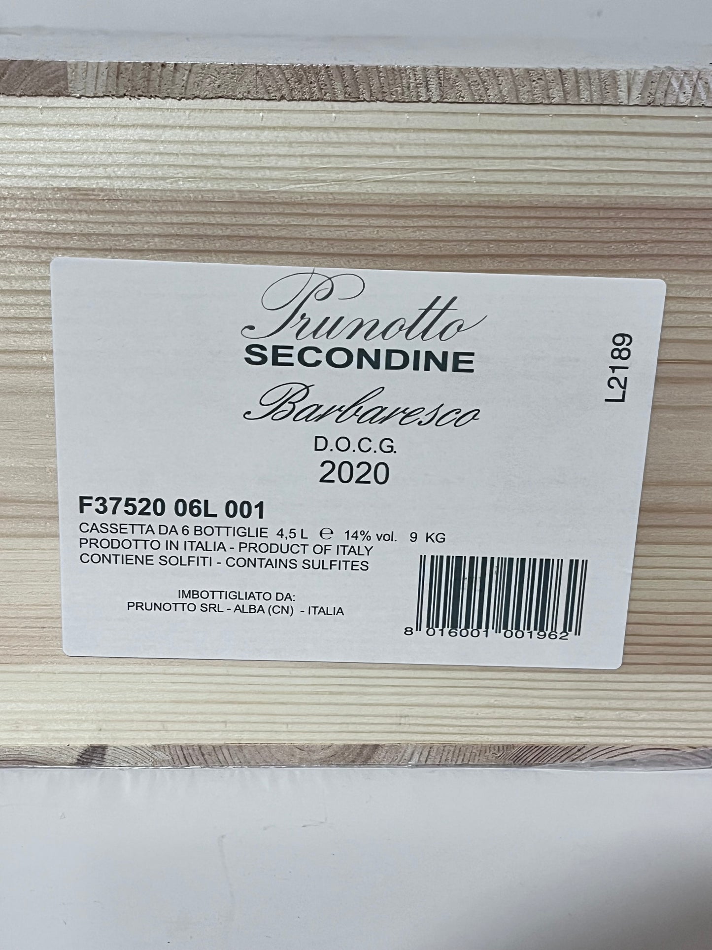 PRUNOTTO “SECONDINE” 2020 – CASSA IN LEGNO ORIGINALE, BARBARESCO DOCG