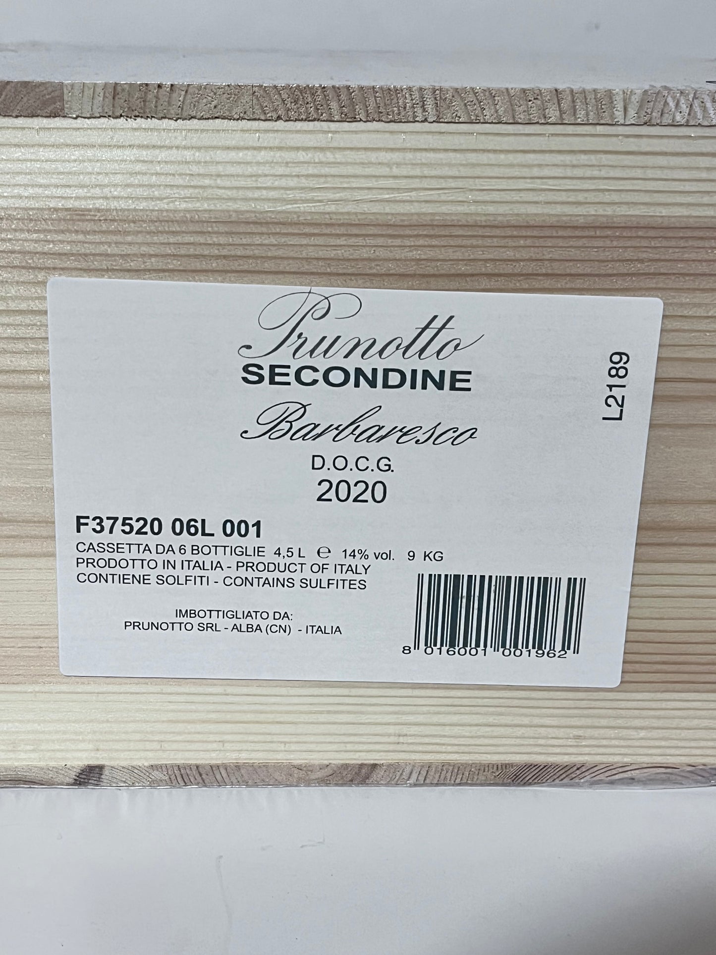 PRUNOTTO “SECONDINE” 2020 – CASSA IN LEGNO ORIGINALE, BARBARESCO DOCG